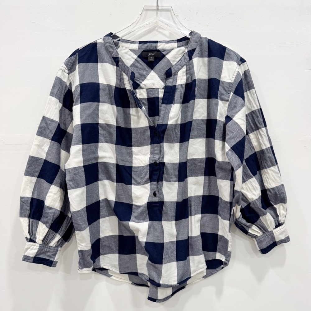 J. Crew Open V-Neck Shirt Flannel Navy Buffalo Plaid Cotton Small